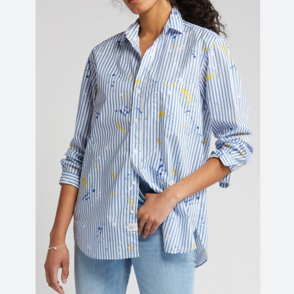 Frank &‎ Eileen Joedy Paint Splatter Blue Stripe Relaxed Button-Up Shirt Small - Picture 5 of 14
